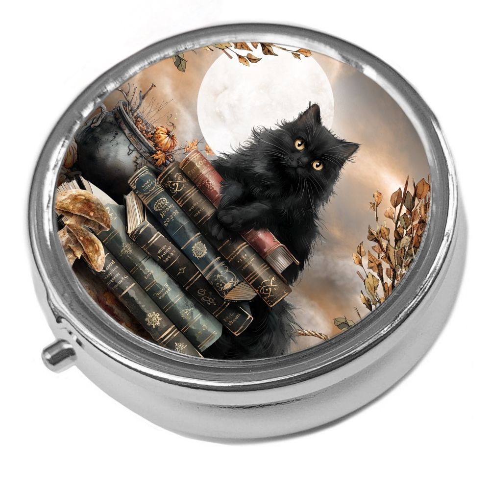 Autumn Reading Cat - Metal Pill Box - Cat Trinket Box