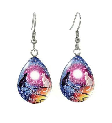 Tear Drop Cabochon Cat Earrings - 3