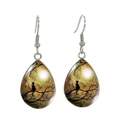 Tear Drop Cabochon Cat Earrings - 6