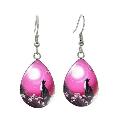 Tear Drop Cabochon Cat Earrings - 2