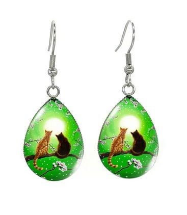 Tear Drop Cabochon Cat Earrings - 9