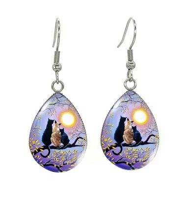 Tear Drop Cabochon Cat Earrings - 10