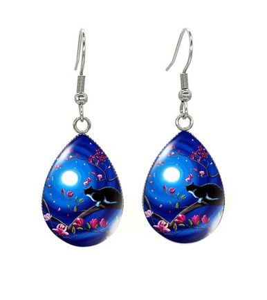 Tear Drop Cabochon Cat Earrings - 1