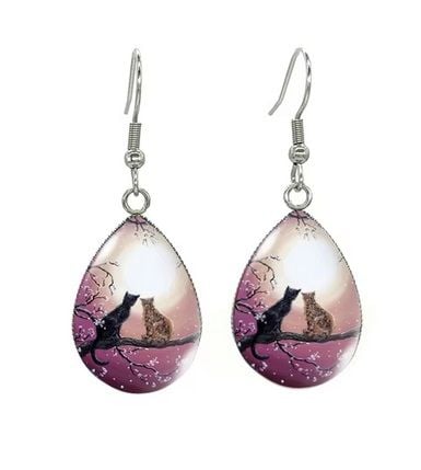 Tear Drop Cabochon Cat Earrings - 5