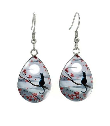 Tear Drop Cabochon Cat Earrings - 8