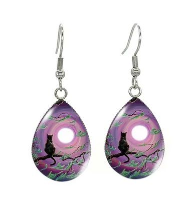 Tear Drop Cabochon Cat Earrings - 12