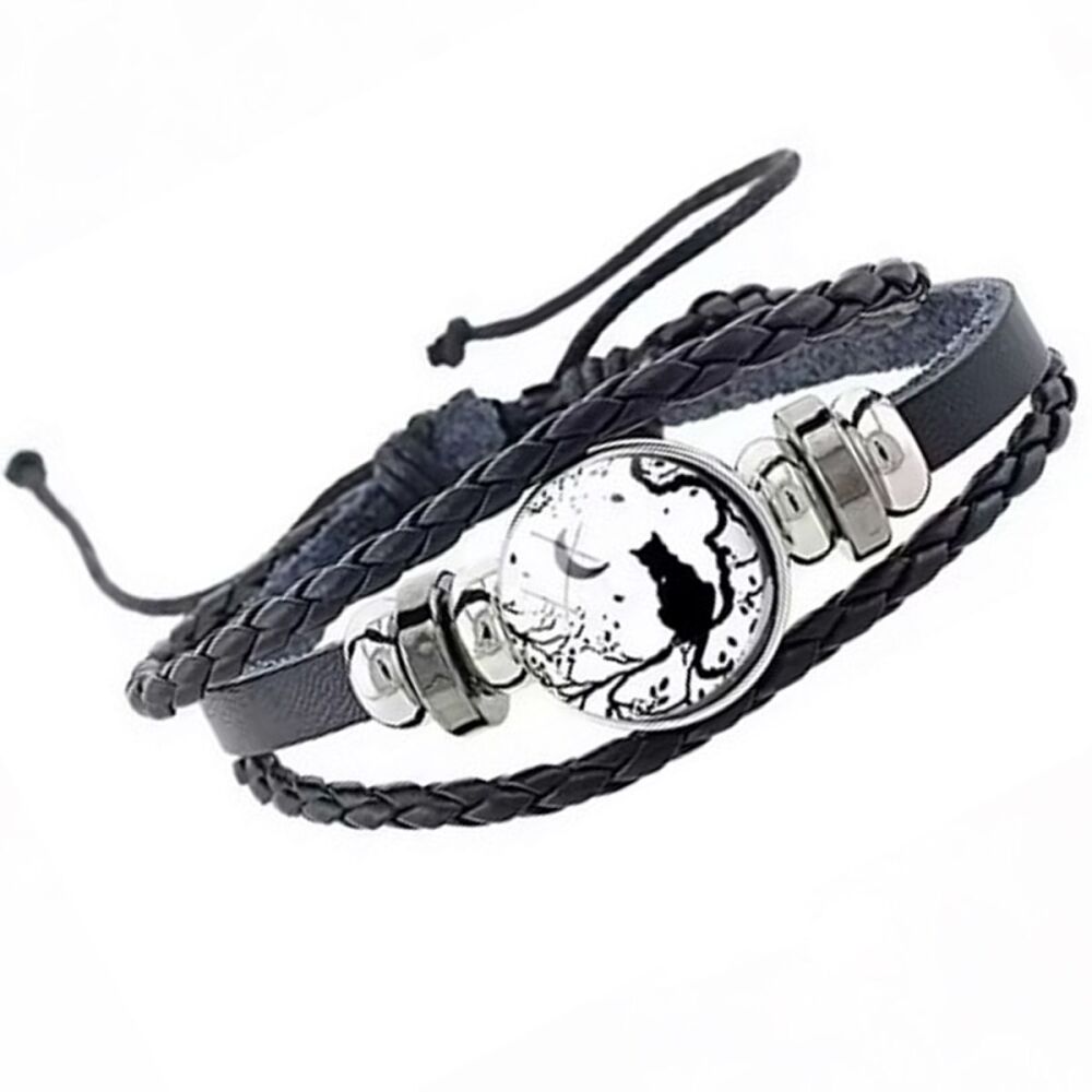 Black & White - Cat & Moon Cabochon Leather Bracelet