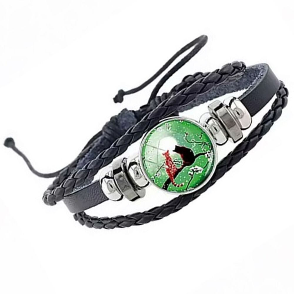 Green, Ginger & Black Cat - Cat & Moon Cabochon Leather Bracelet