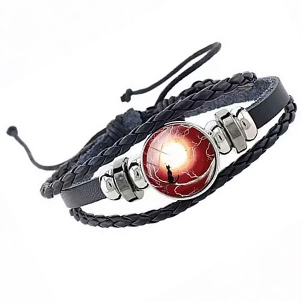 Red Sunset & Black Cat - Cat & Moon Cabochon Leather Bracelet