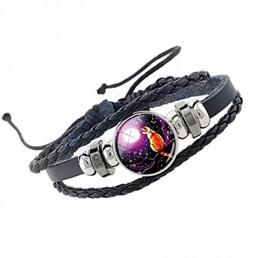 Dark Purple Sunset & Ginger Cat - Cat & Moon Cabochon Leather Bracelet