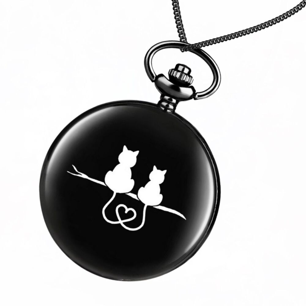 Black Pocket Watch - Twin Heart Cats