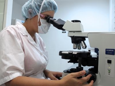 Scientist analysing sample under microscope
