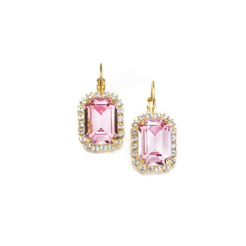 Light Rose Pink and Crystal Octagon Earrings - Small
