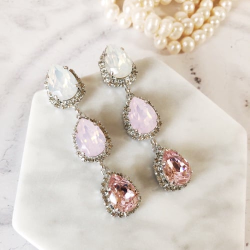 Pink Opal Triple Pear Drop Stud Earrings
