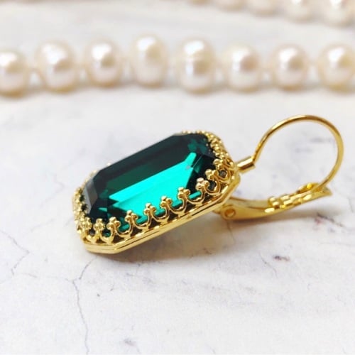 Emerald Green Octagon Crown Earrings