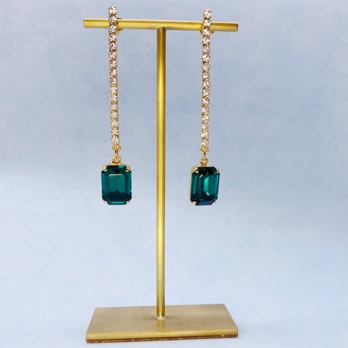 Emerald and Diamond Long Drop Crystal Earrings