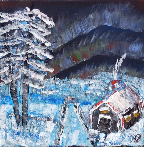 Snowy Cabin  by Janet Watson Art xx 