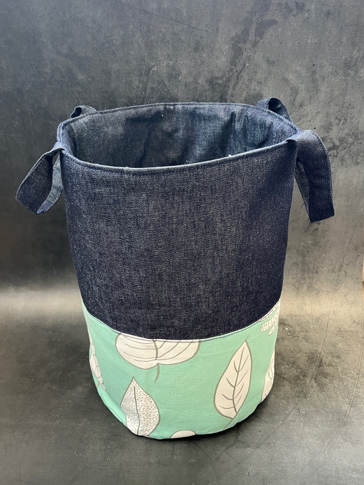 Green Leaves & Denim Yarn Bucket