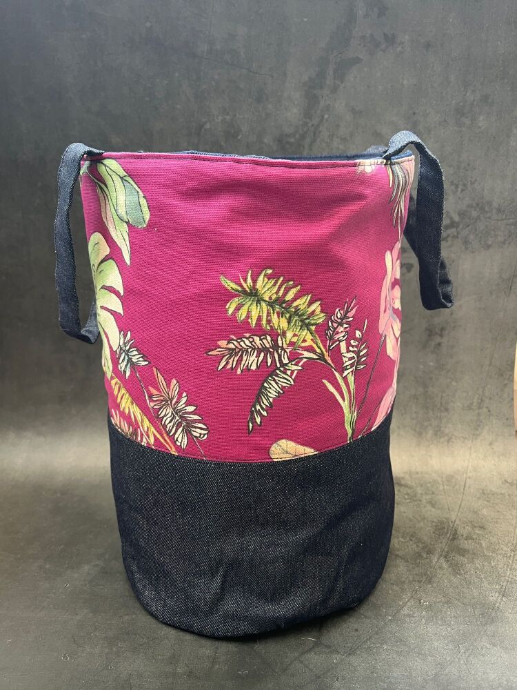 Pink Foliage & Denim Yarn Bucket