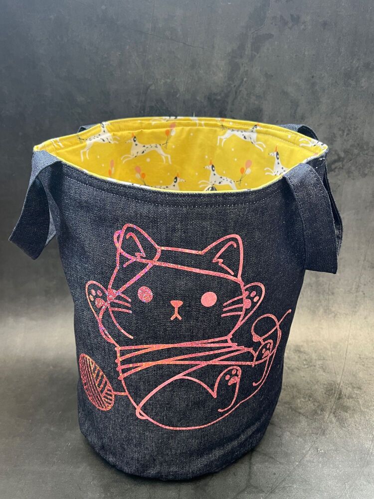 Tangled Cat - Denim Yarn Bucket