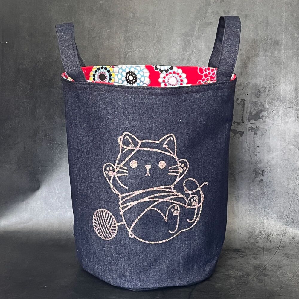 Tangled Cat - Denim Yarn Bucket