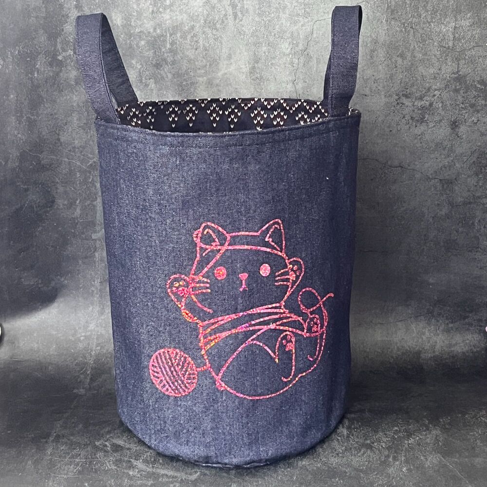 Tangled Cat - Denim Yarn Bucket