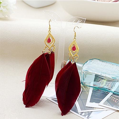 Burgundy and Gold Feather Earrings