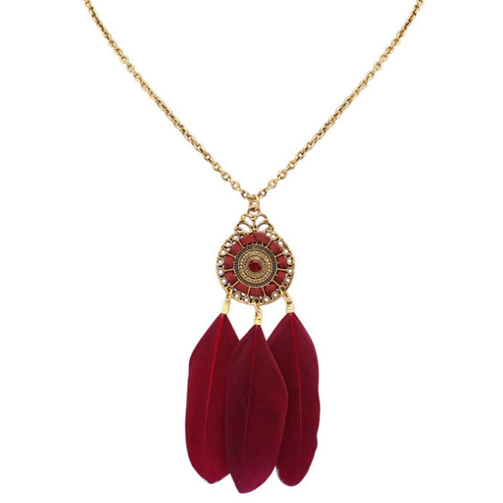Feather Necklace - Dark Red and Gold