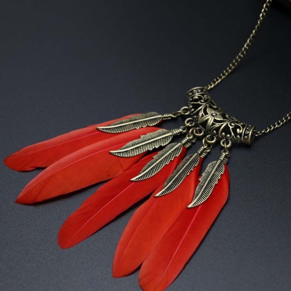 Bohemian Red and Gold Feather Necklace