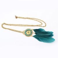 Feather Necklace - Green, White and Gold