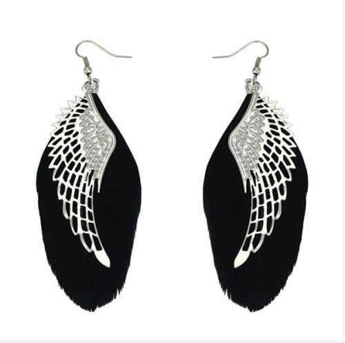 Angel Wing Feather Earrings with Black Feathers