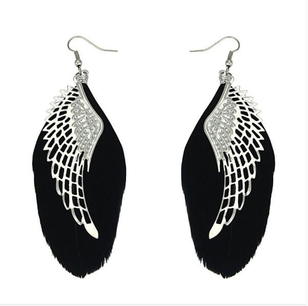Angel Wing Feather Earrings with Black Feathers