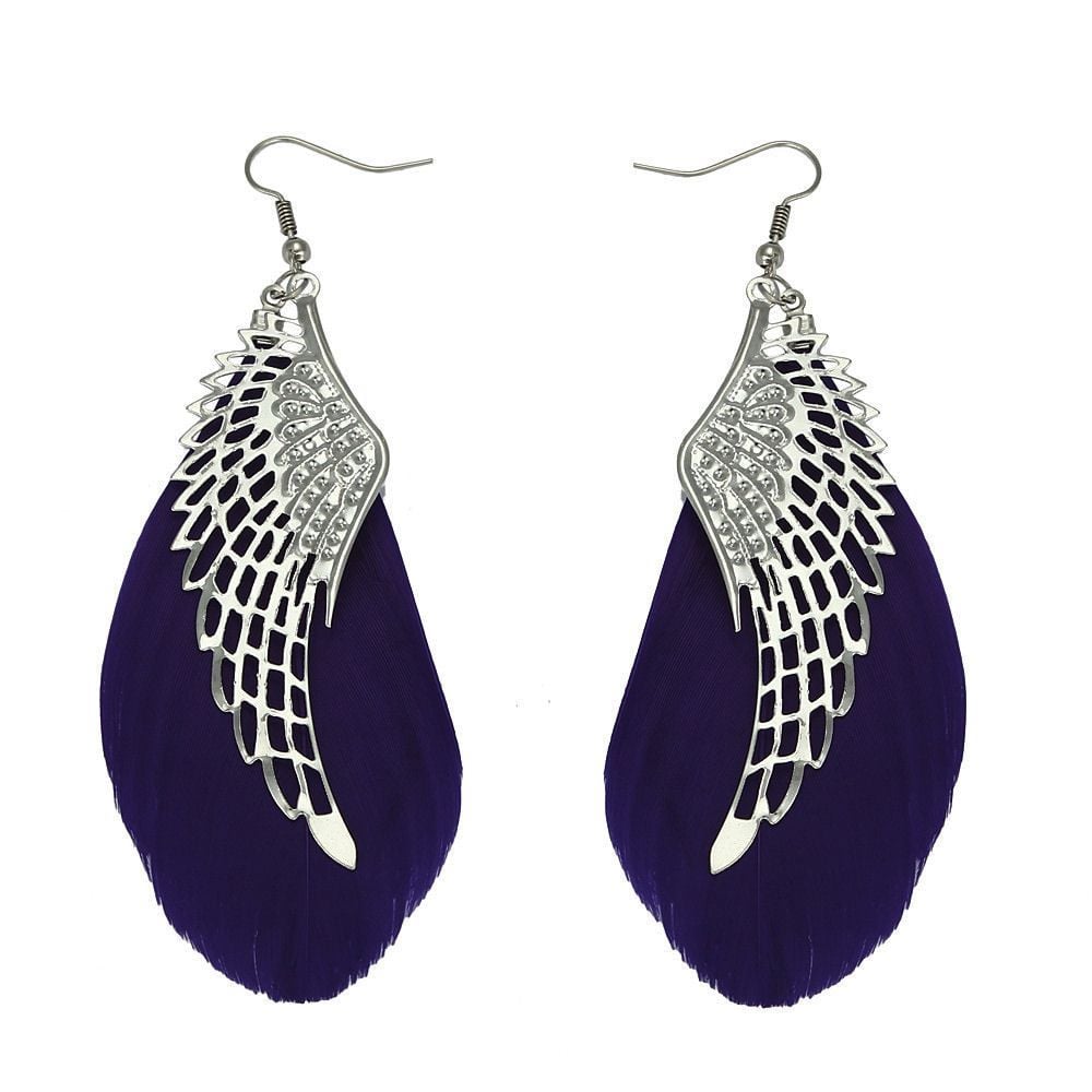 Silver Angel Wing Feather Earrings with Purple Feathers