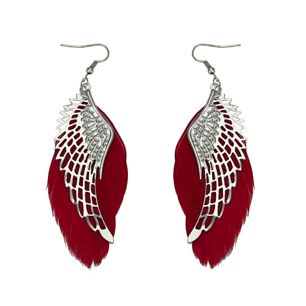 Silver Angel Wing Feather Earrings with Red Feathers