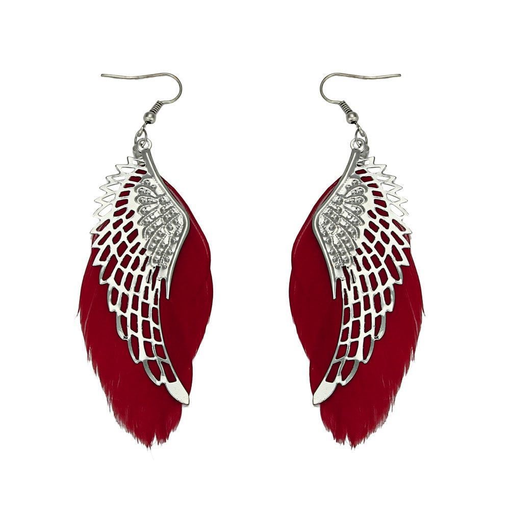 Angel Wing Feather Earrings with Red Feathers