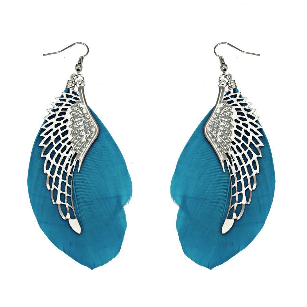 Silver Angel Wing Feather Earrings with Blue Feathers