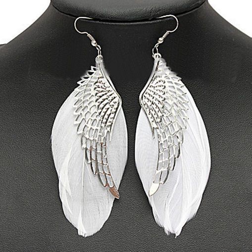 Silver Angel Wing Feather Earrings with White Feathers