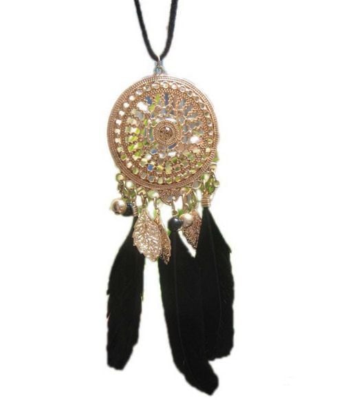 Gold Feather Necklace with Black Feathers