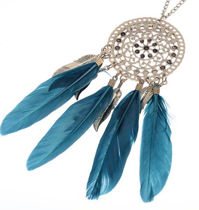Bohemian Feather Necklace with Teal Green Feathers