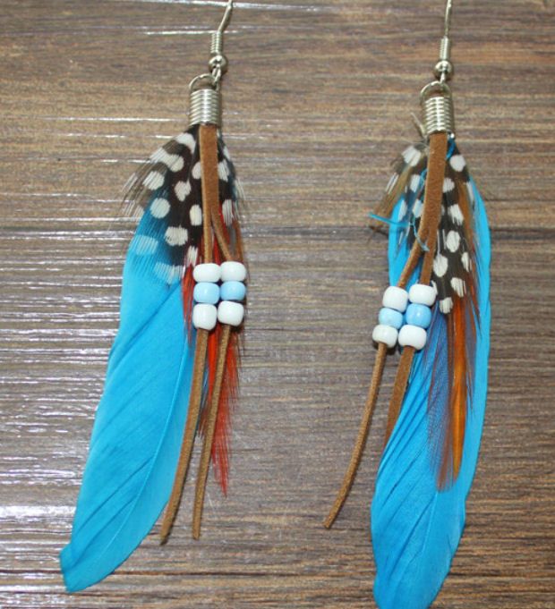 Feather Earrings Embellished with Beads (Aqua)
