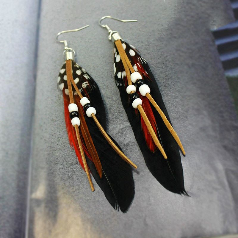 Black Feather Earrings Embellished with Beads