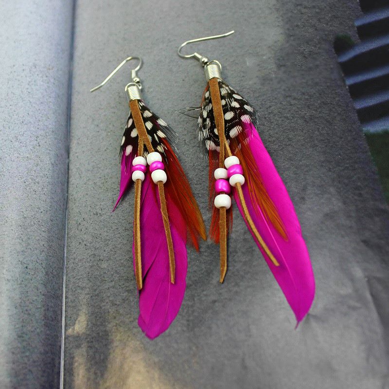 Dark Pink Feather Earrings Embellished with Beads 