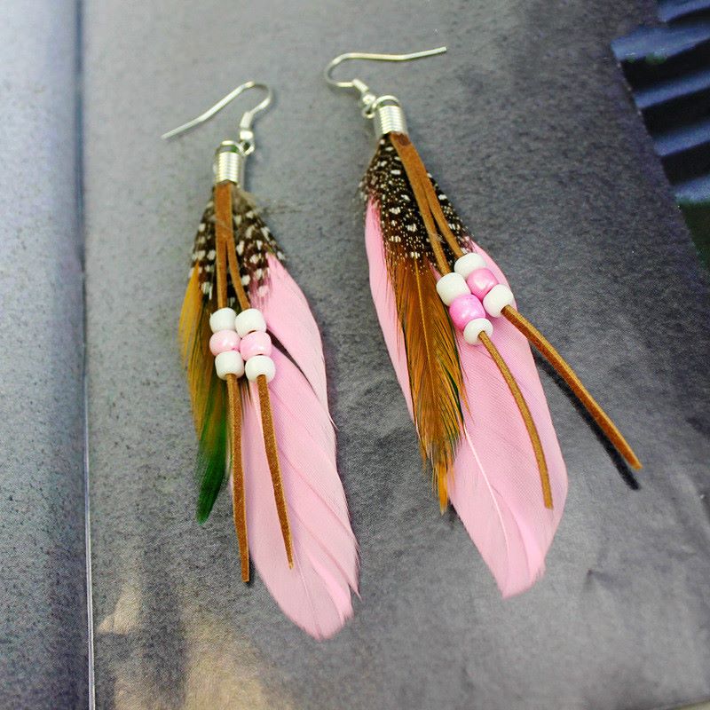 Light Pink Feather Earrings Embellished with Beads 