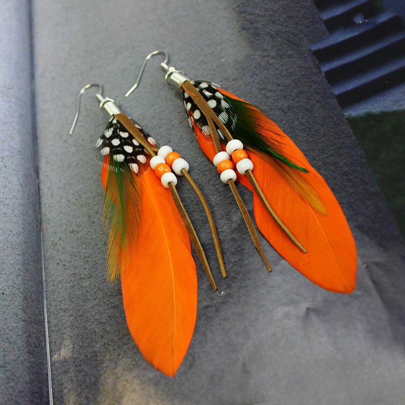 Orange Feather Earrings Embellished with Beads
