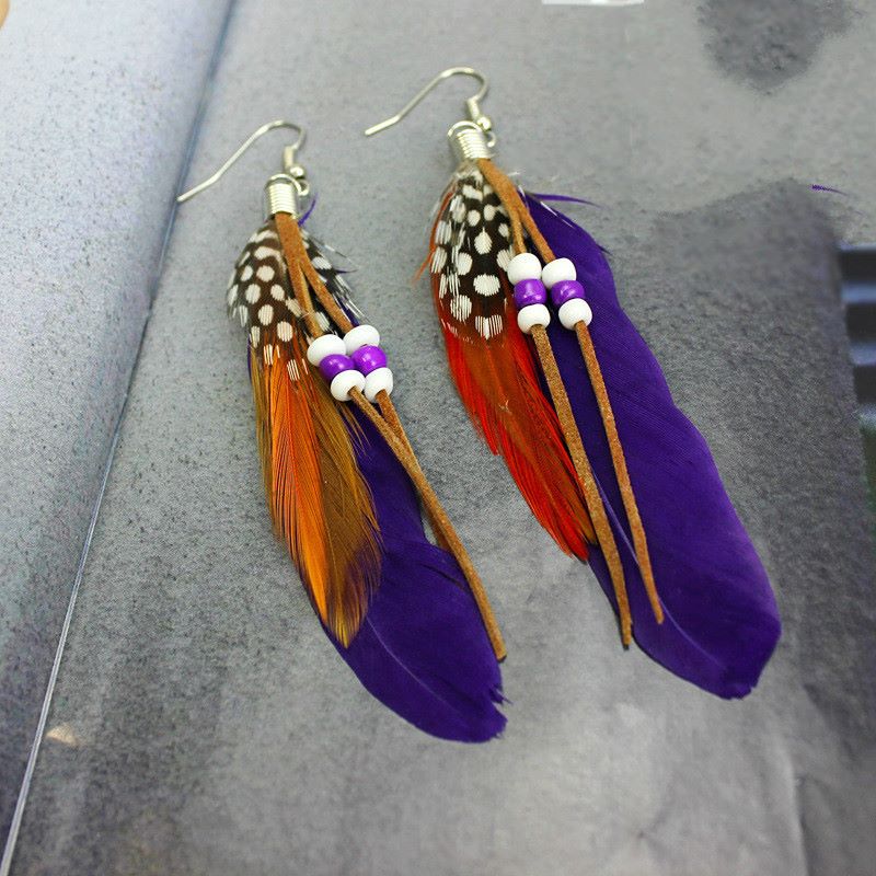 Purple Feather Earrings Embellished with Beads