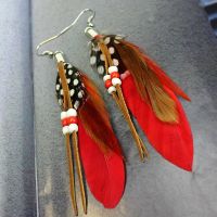 Red Feather Earrings Embellished with Beads 