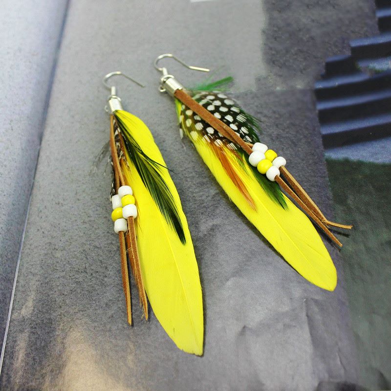 Yellow Feather Earrings Embellished with Beads 