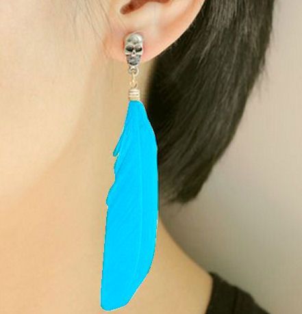 Blue Feather Earrings with Gothic Skull