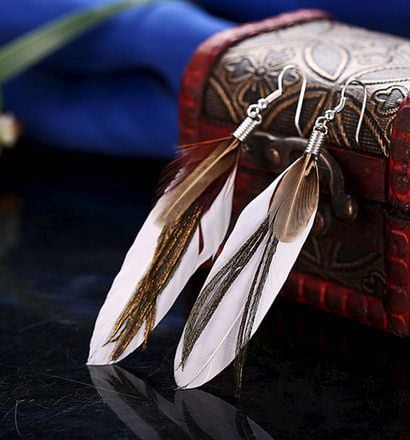 White Feather Earrings with Goose and Peacock Feathers