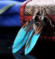 Deep Turquoise Feather Earrings with Goose and Peacock Feathers